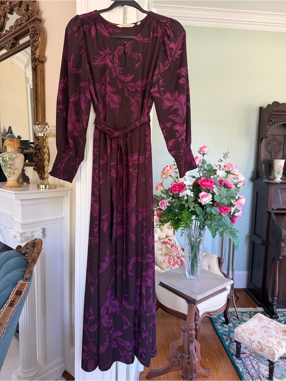 Soft Surroundings Plum / Purple Floral Long Sleeve Maxi Dress, size XS